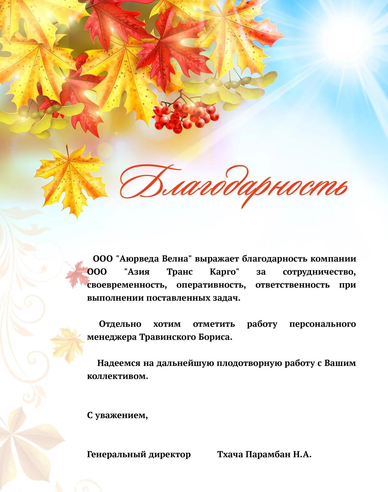 Благодарственное письмо от ООО «Аюрведа Велна»